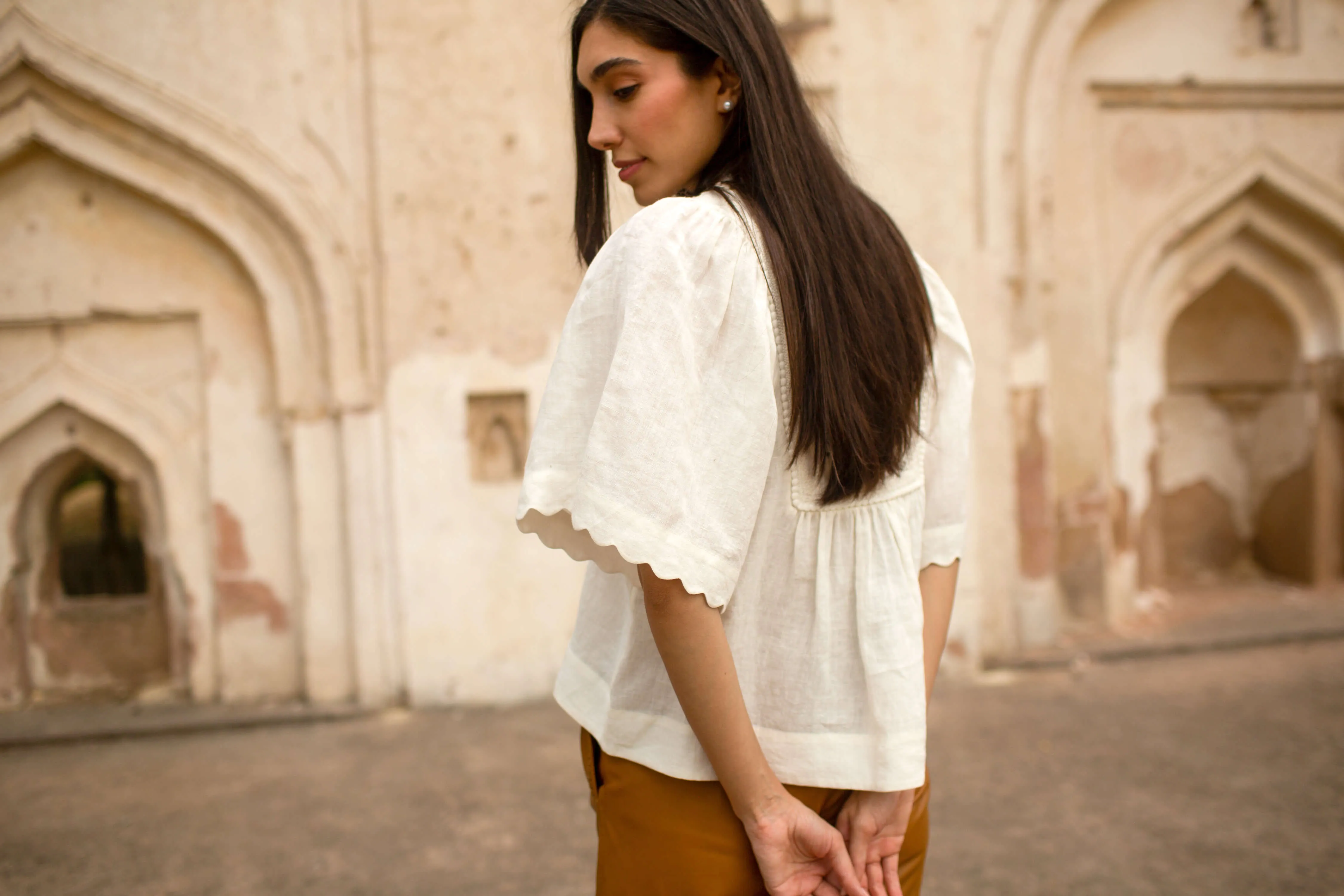 Dorothea Embroidered Yoke Linen Top Simply White