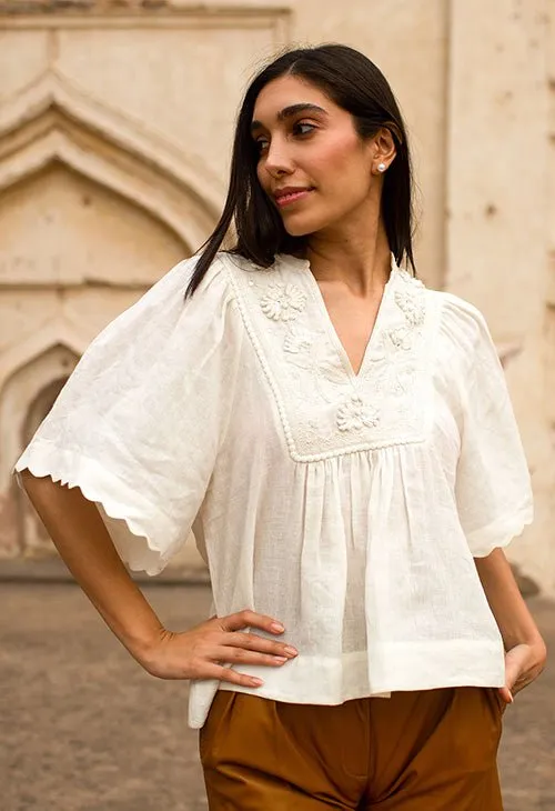 Dorothea Embroidered Yoke Linen Top Simply White