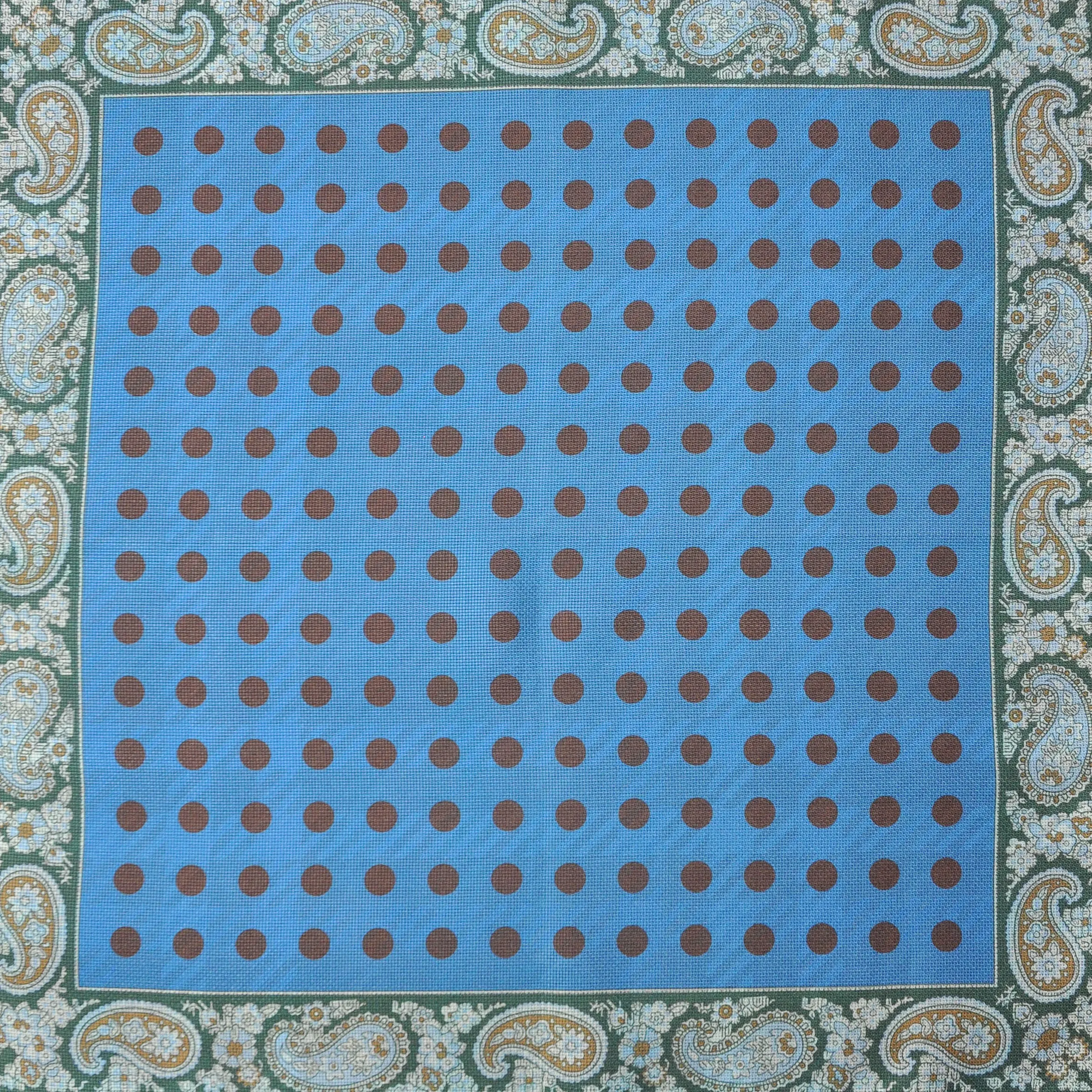 Dots, Checks & Paisley Reversible Panama Silk Pocket Square in Green, Blue & Brown