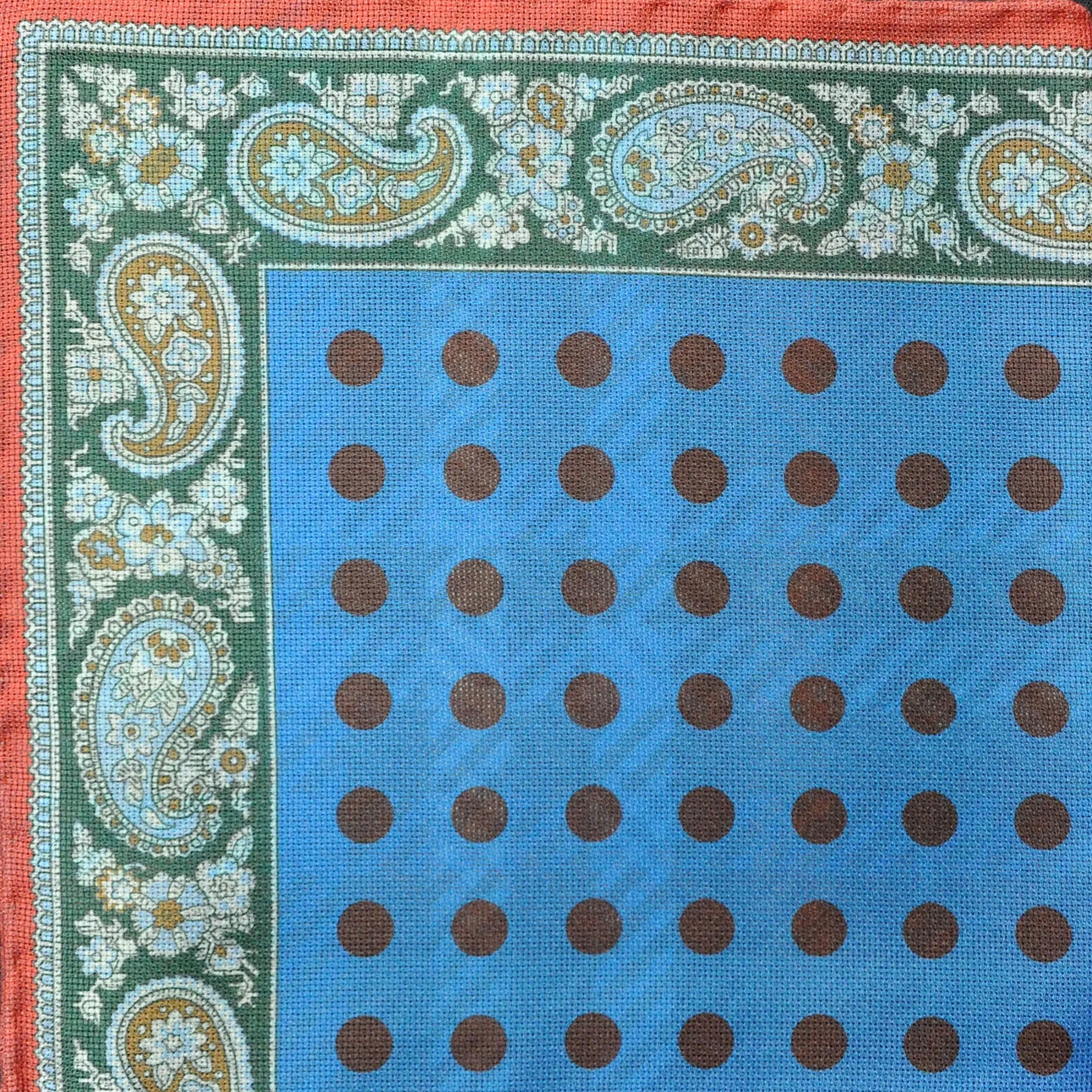 Dots, Checks & Paisley Reversible Panama Silk Pocket Square in Green, Blue & Brown