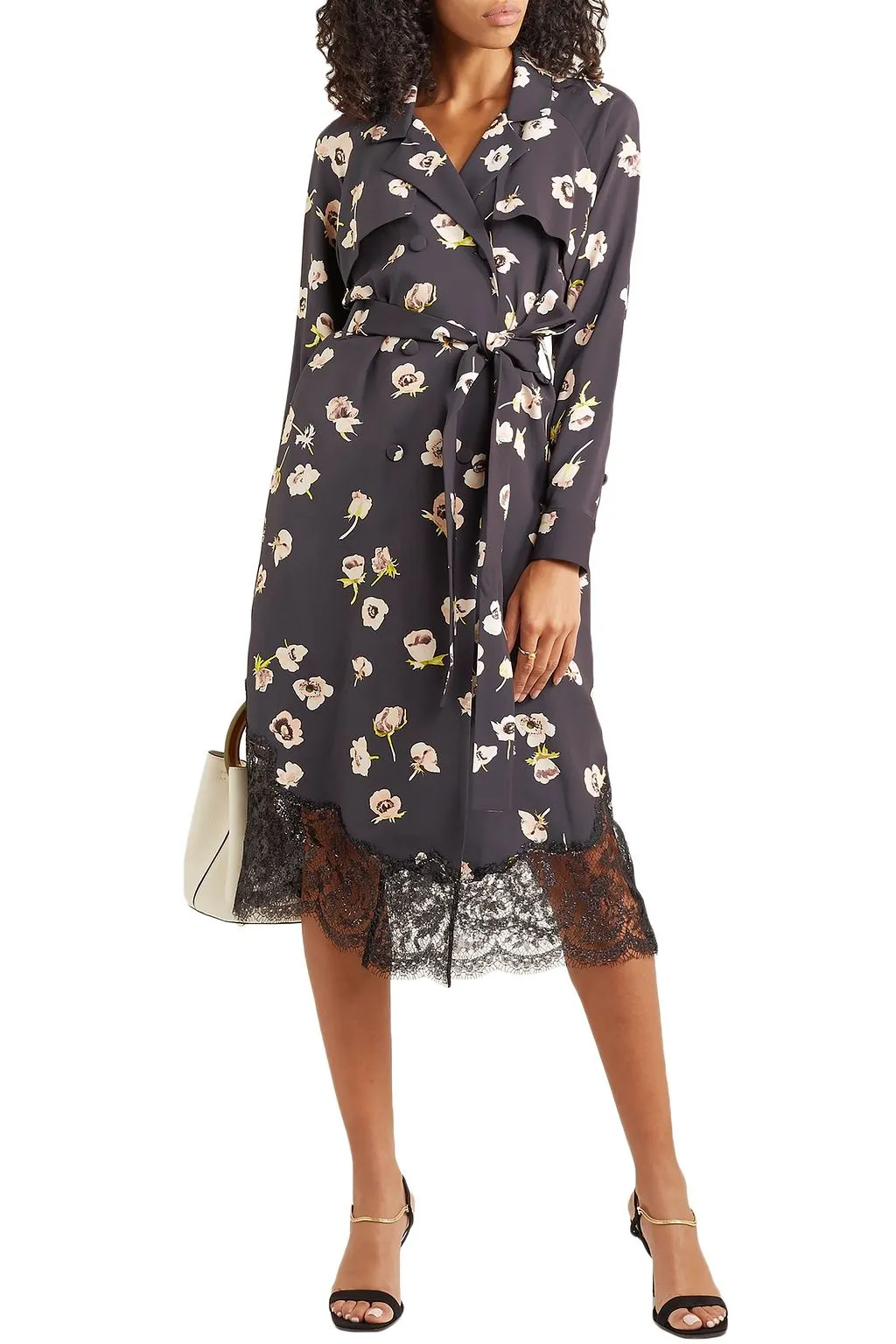 Double-breasted crepe midi dress with lace trim and floral print LELA ROSE blue