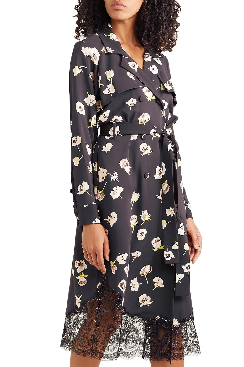 Double-breasted crepe midi dress with lace trim and floral print LELA ROSE blue