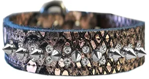 Double Clear Crystal And Silver Spike Dragon Skin Genuine Leather Dog Collar Copper Size 20