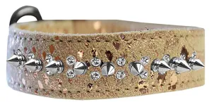 Double Clear Crystal And Silver Spike Dragon Skin Genuine Leather Dog Collar Golden Size 18