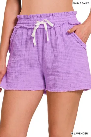 Double Gauze Elasticband Drawstring Waist Shorts With Pockets