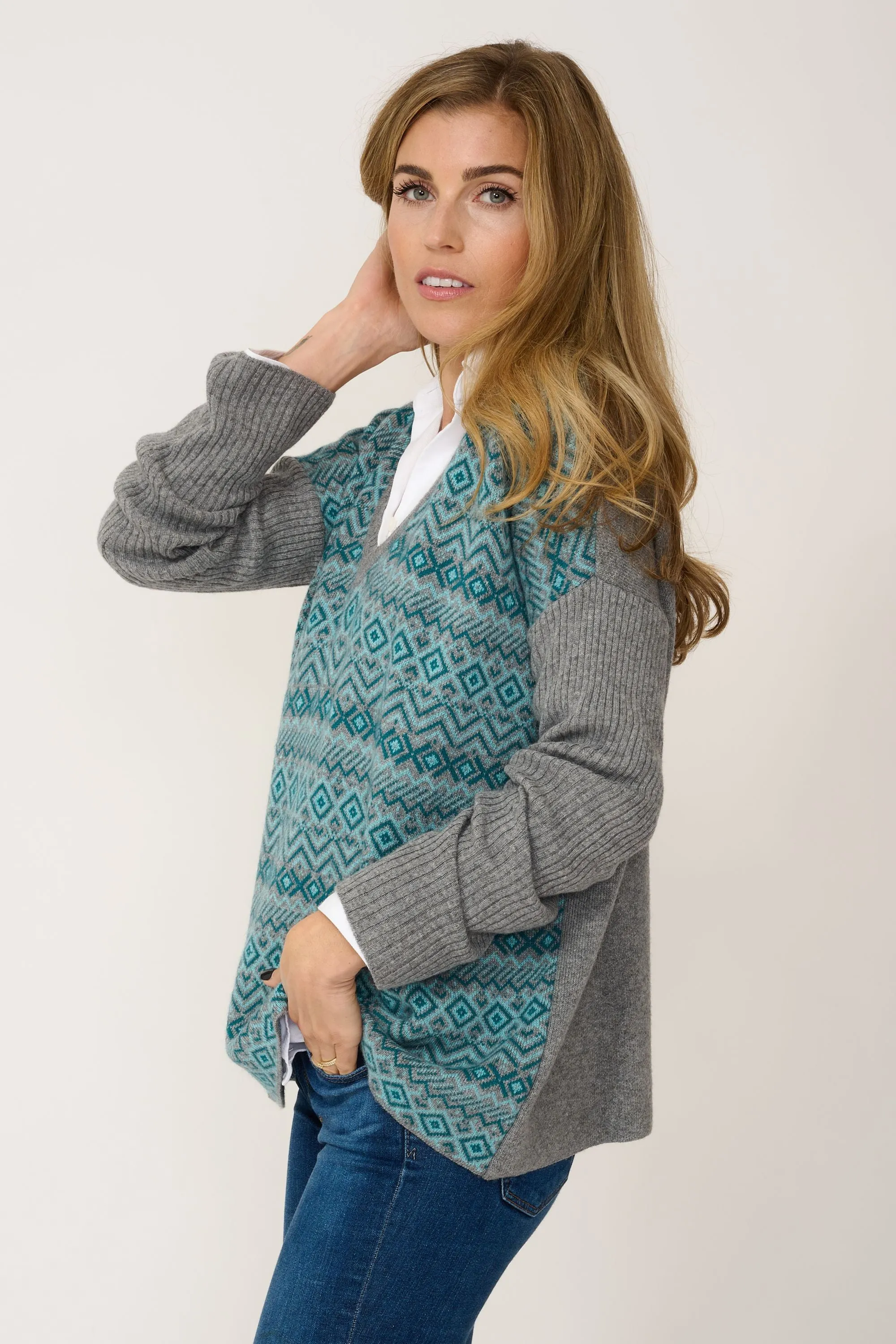 Double Ply Fairisle Cashmere Mix Sweater in Aqua & Grey