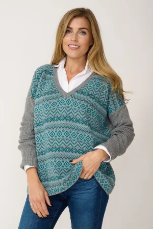 Double Ply Fairisle Cashmere Mix Sweater in Aqua & Grey