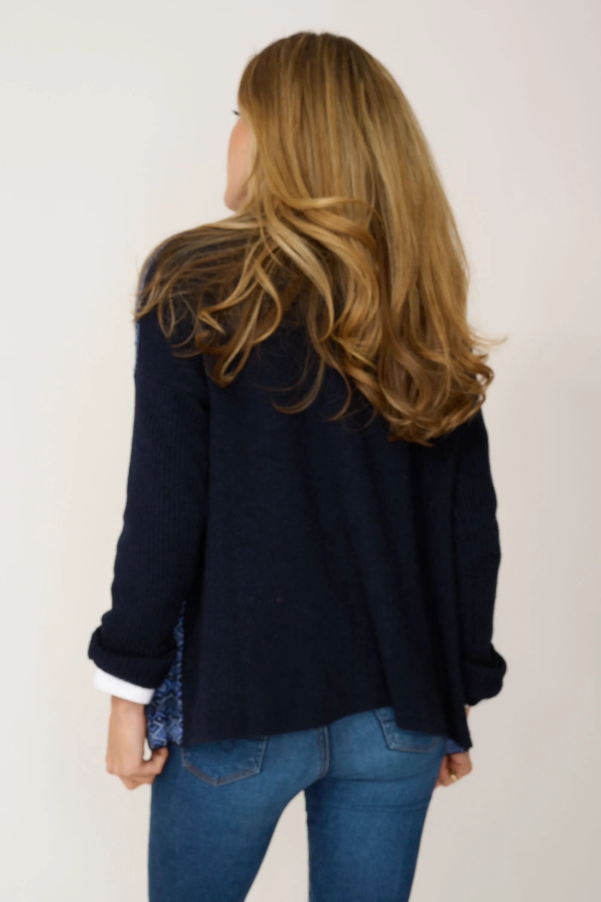 Double Ply Fairisle Cashmere Mix Sweater in Navy & Blue