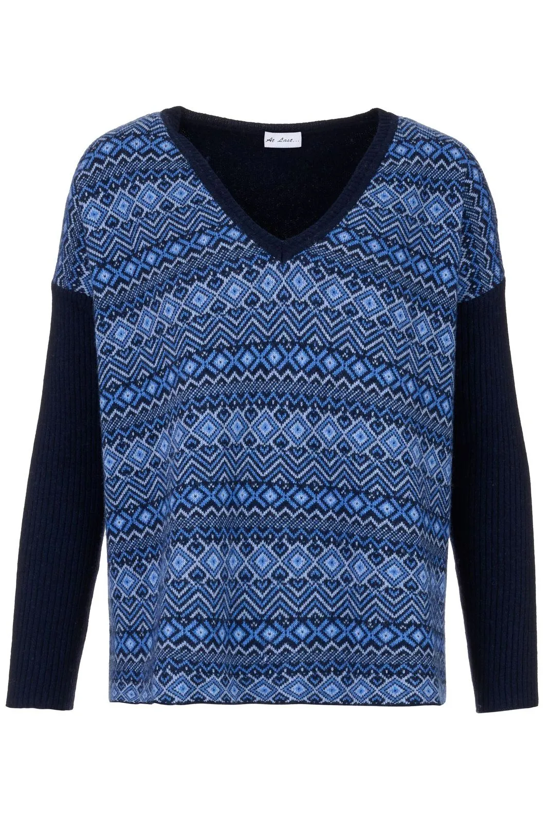 Double Ply Fairisle Cashmere Mix Sweater in Navy & Blue