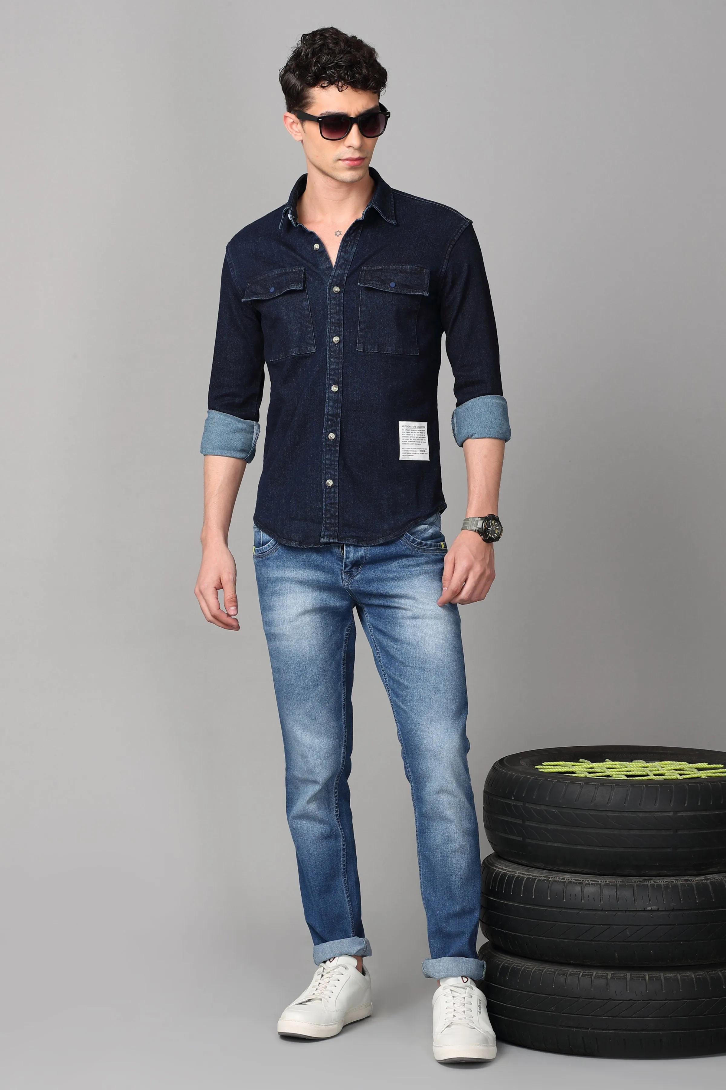 Double Pocket Dark Blue Denim Shirt