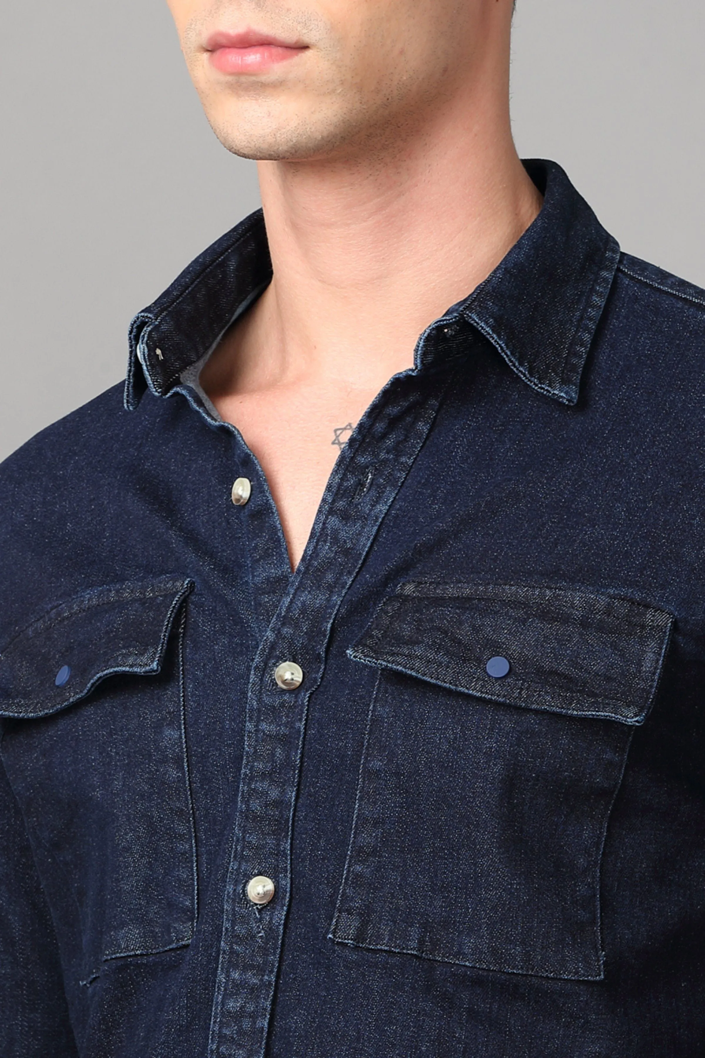 Double Pocket Dark Blue Denim Shirt