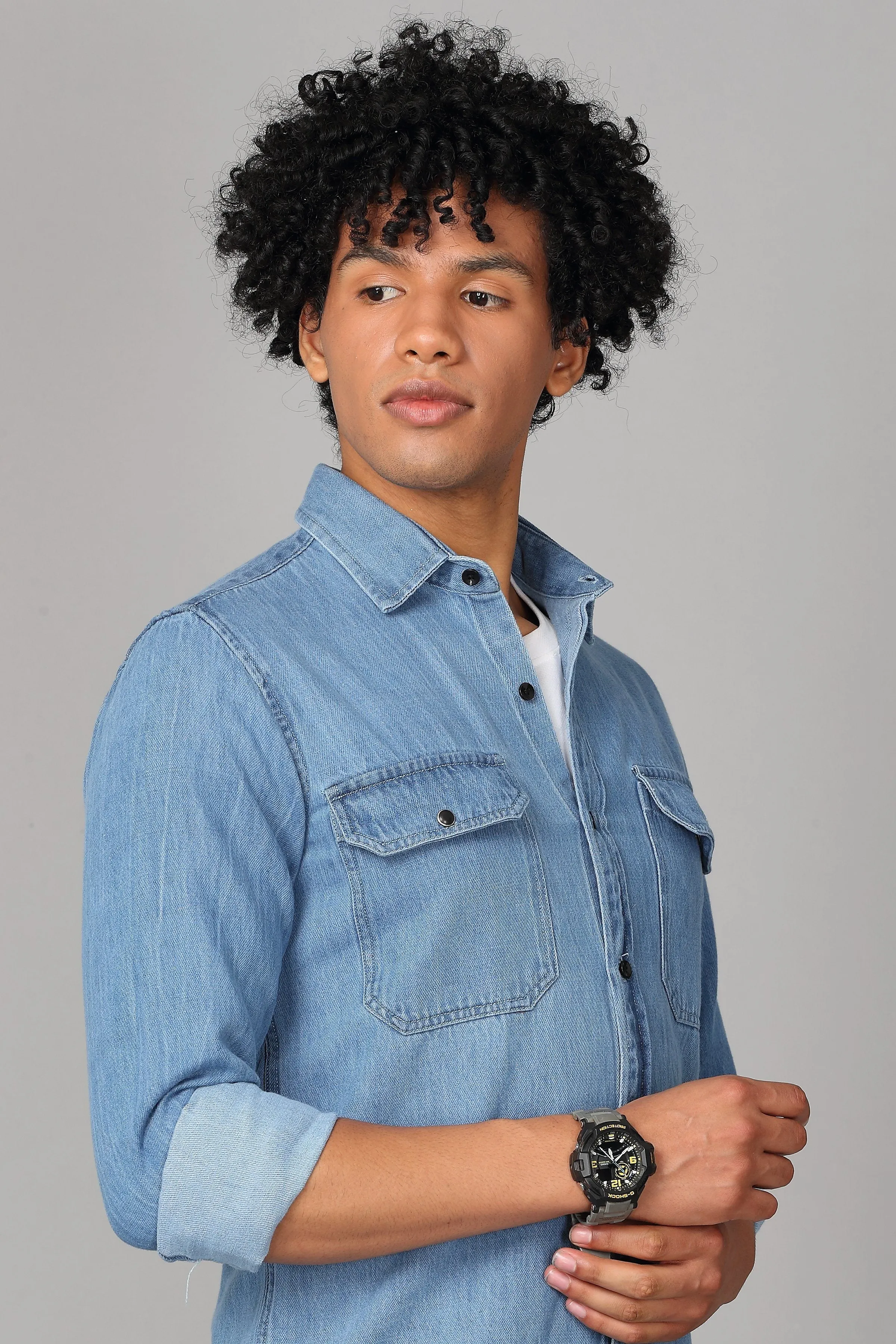 Double Pocket Printed Blue Denim Shirt