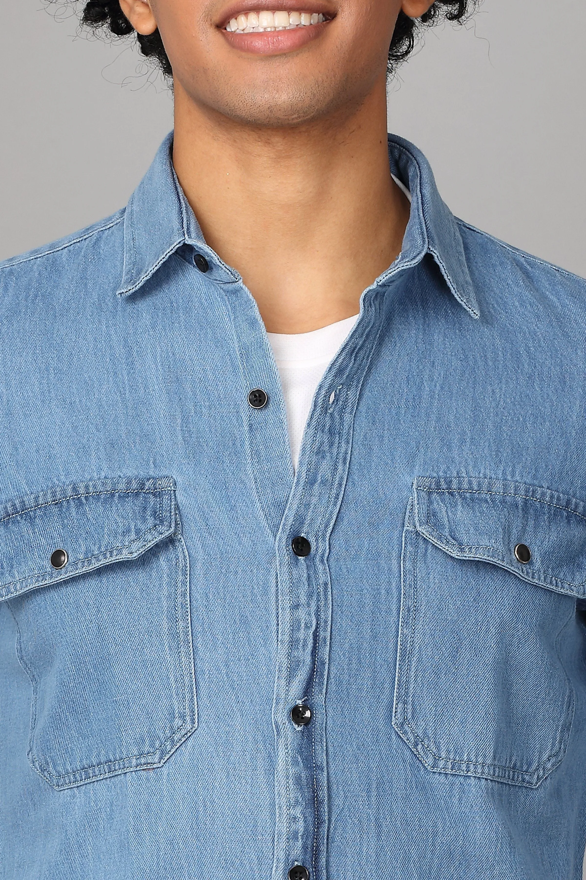 Double Pocket Printed Blue Denim Shirt