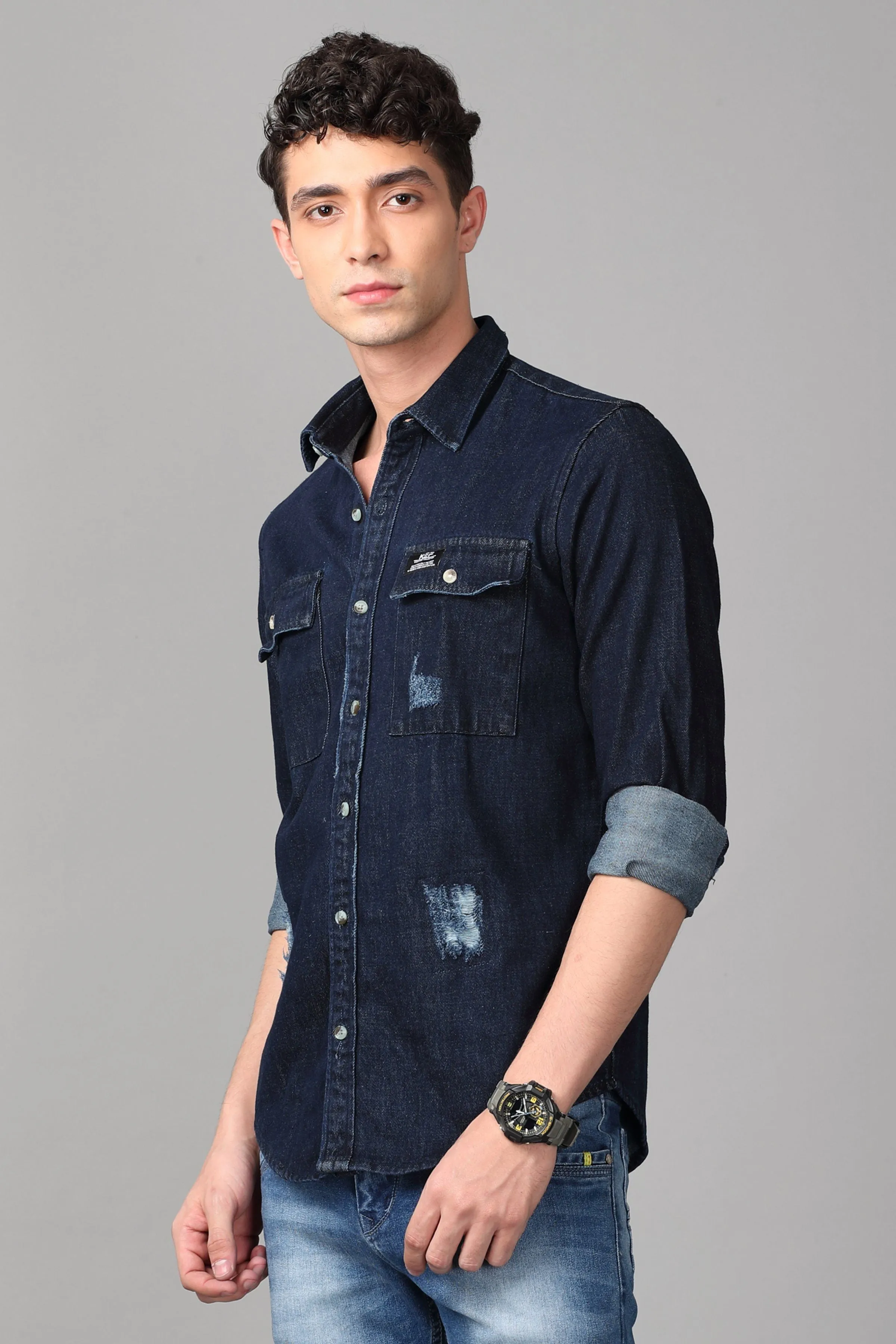 Double Pocket Ripped Dark Blue Denim Shirt