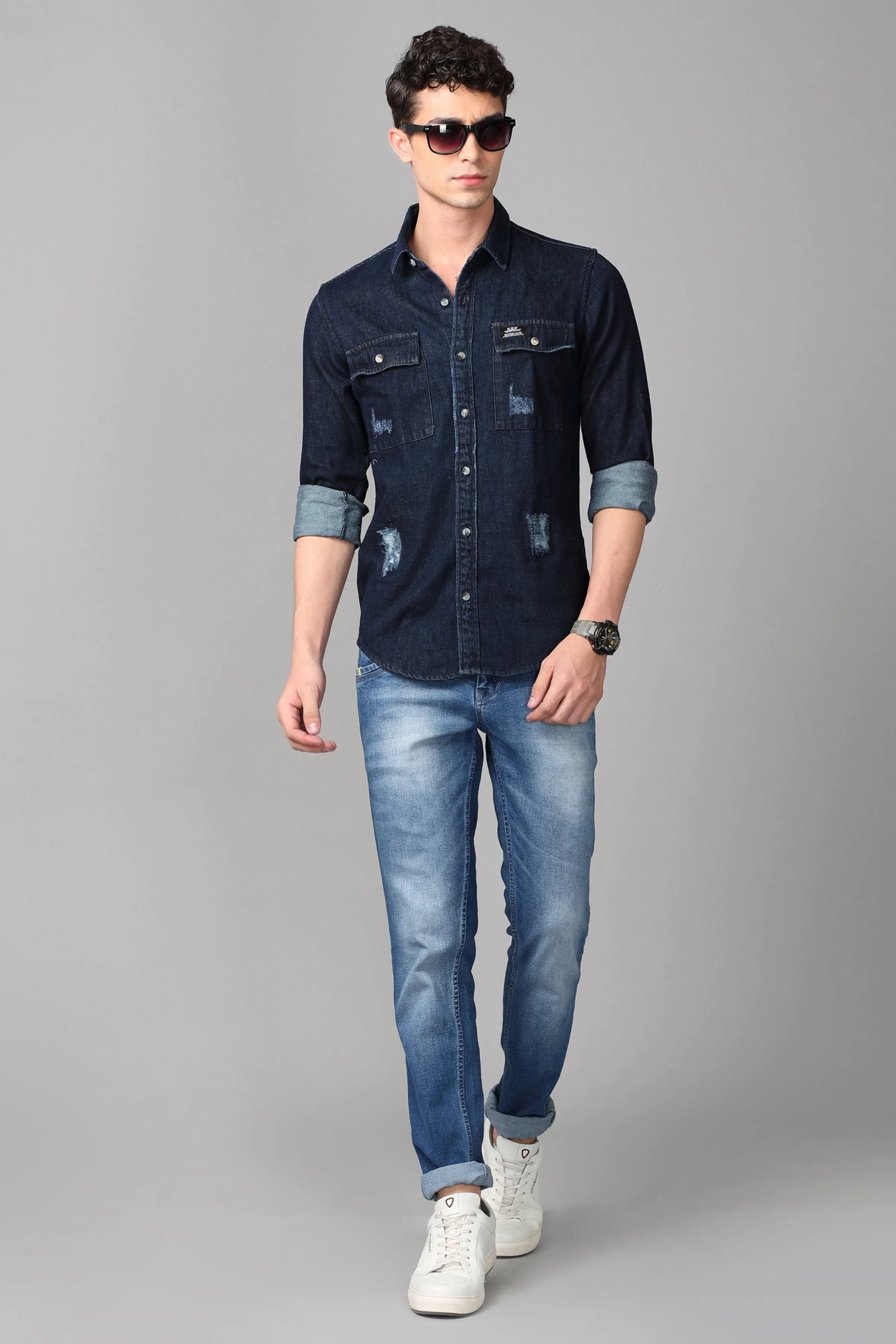 Double Pocket Ripped Dark Blue Denim Shirt