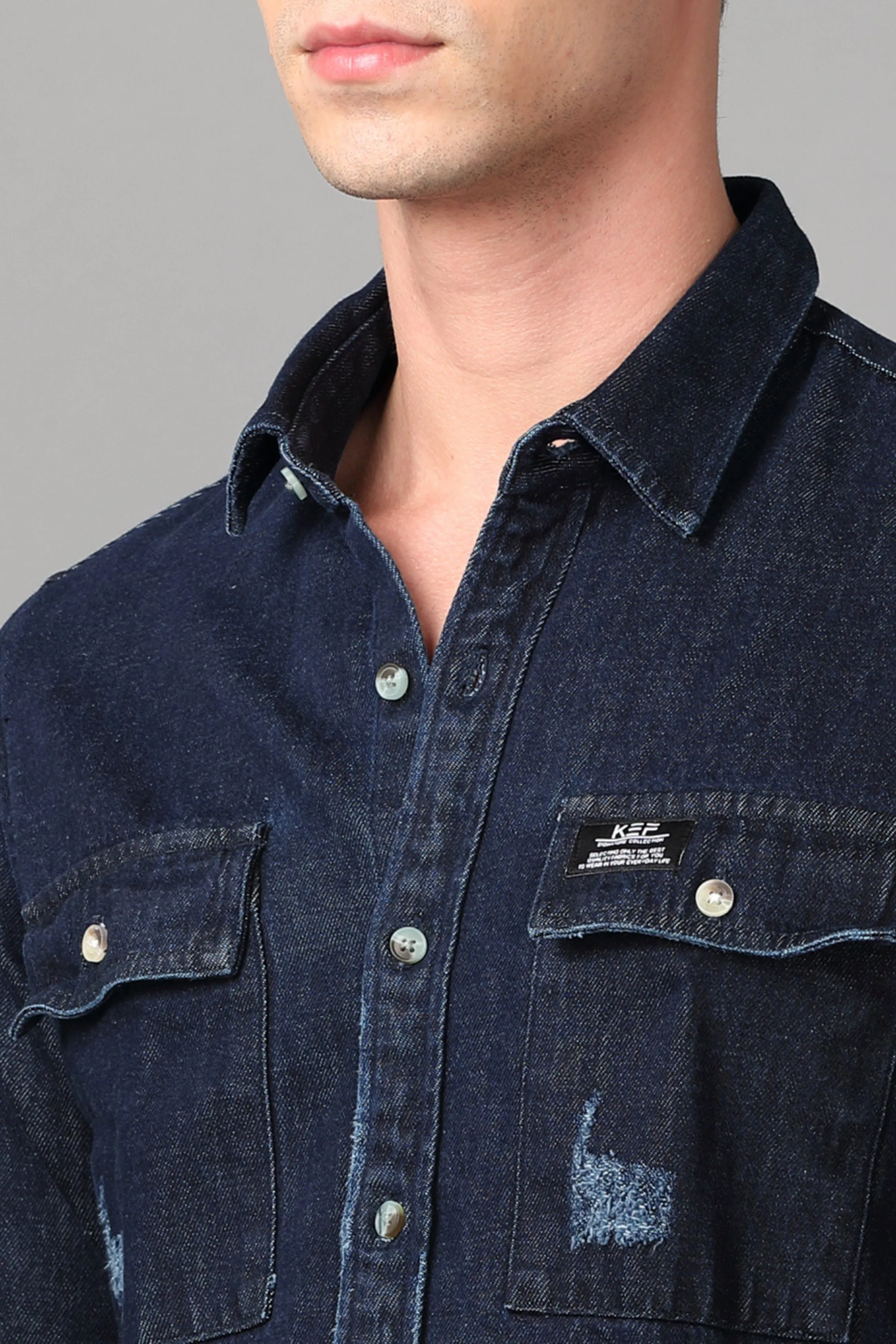 Double Pocket Ripped Dark Blue Denim Shirt