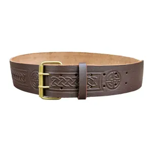 Double Prong Celtic Knot Embossed Brown Leather Kilt Belt