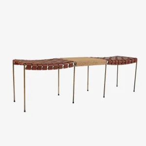 Double Rail Woven Leather Bench with Rush Table