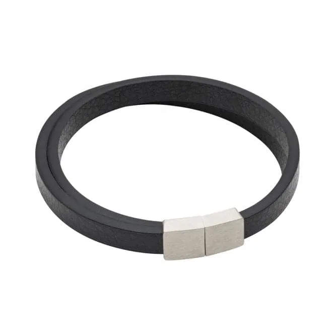 Double Row Snakeskin Effect Black Leather Bracelet B5413