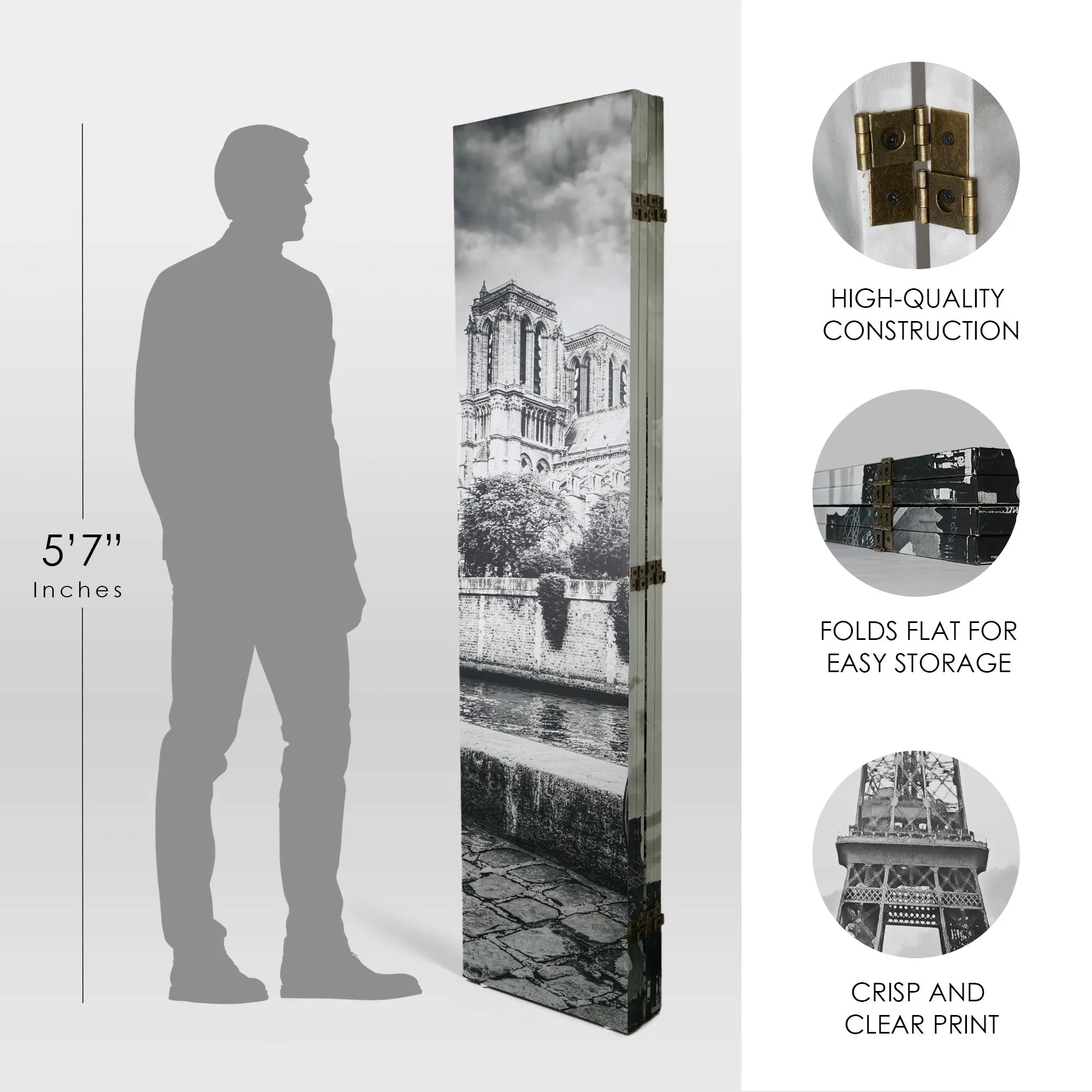 Double-Sided Paris Eiffel Tower & Notre Dame Bike B&W Canvas Room Divider, 4 Panels, 70" H x 63" L