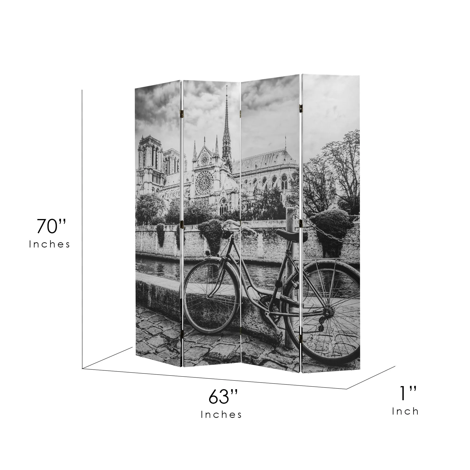 Double-Sided Paris Eiffel Tower & Notre Dame Bike B&W Canvas Room Divider, 4 Panels, 70" H x 63" L