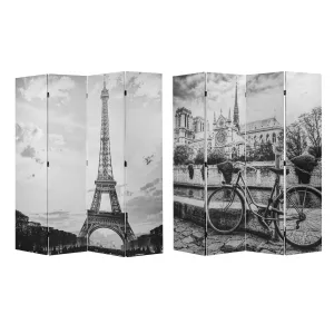 Double-Sided Paris Eiffel Tower & Notre Dame Bike B&W Canvas Room Divider, 4 Panels, 70" H x 63" L