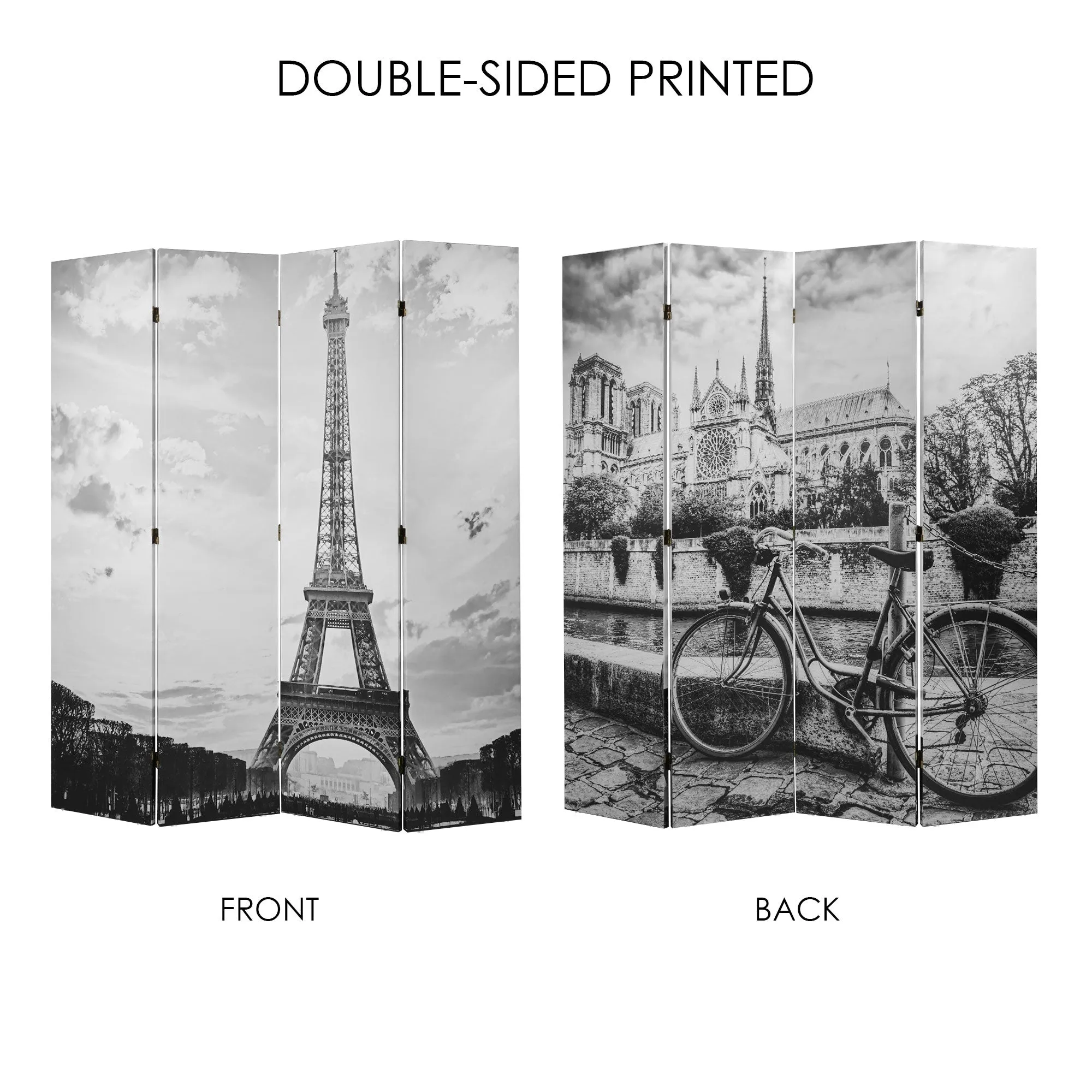 Double-Sided Paris Eiffel Tower & Notre Dame Bike B&W Canvas Room Divider, 4 Panels, 70" H x 63" L