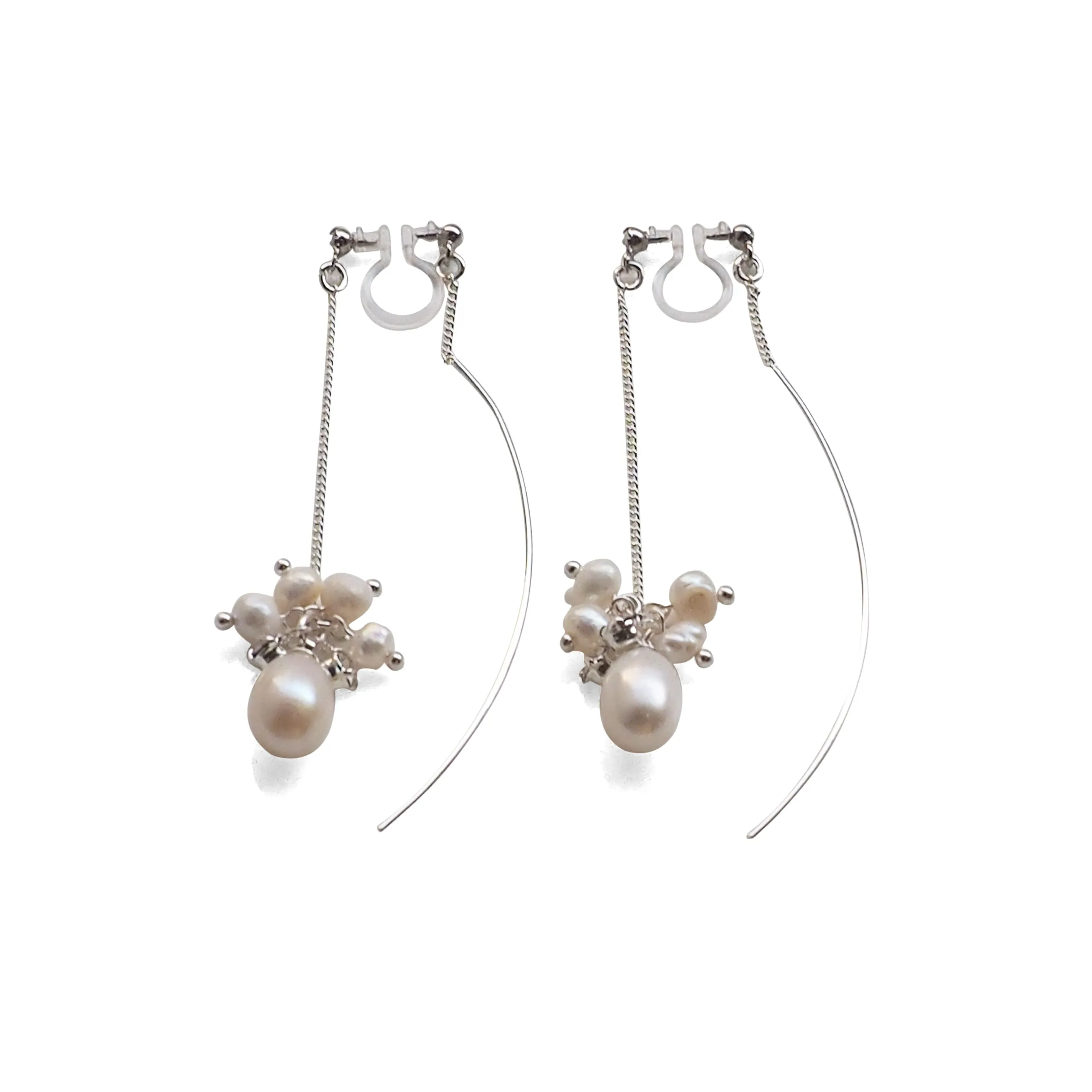 Double Sided White Freshwater Pearl Invisible Clip On Earrings (Silver tone)