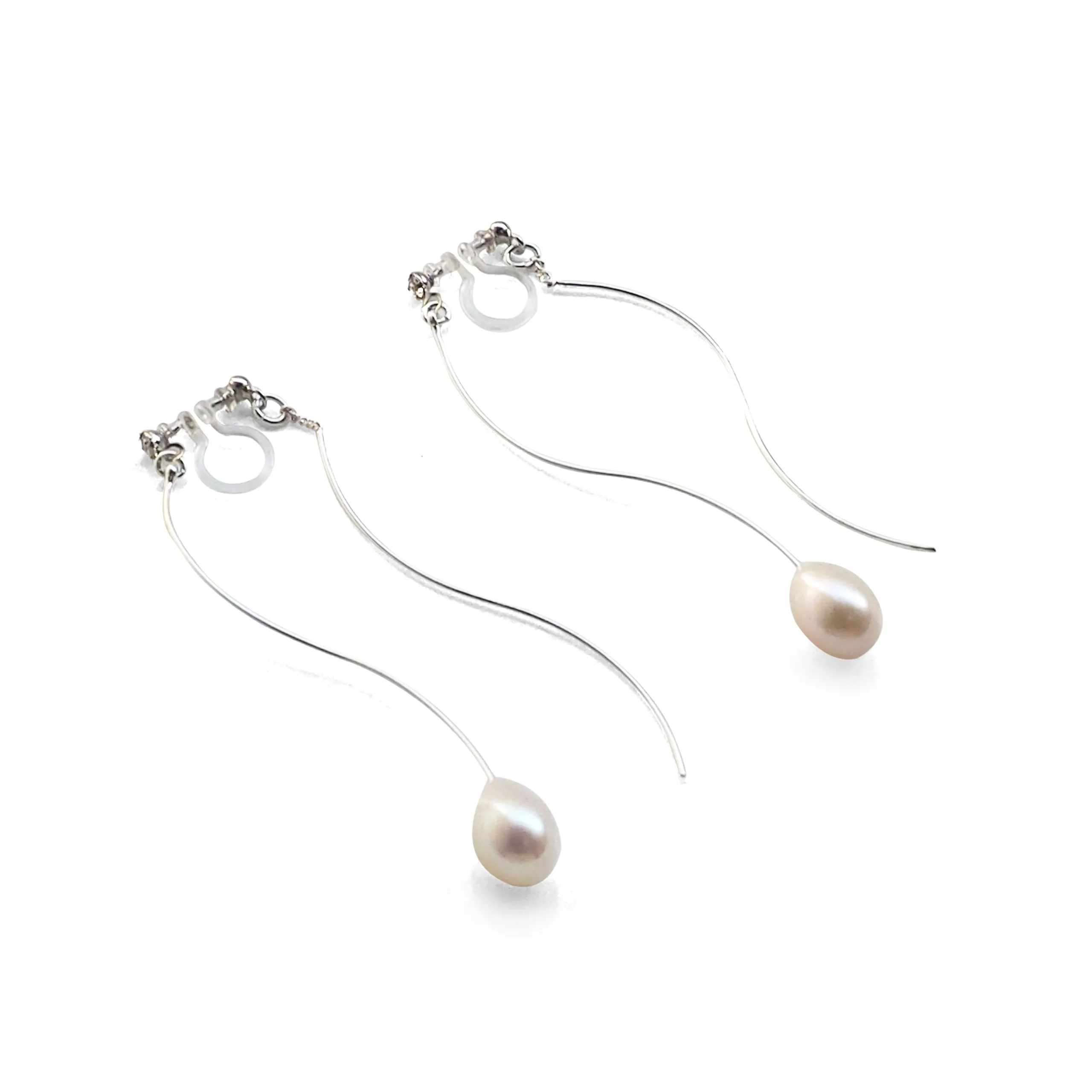 Double Sided White Freshwater Pearl with Wave Bar Invisible Clip On Earrings (Silver tone)