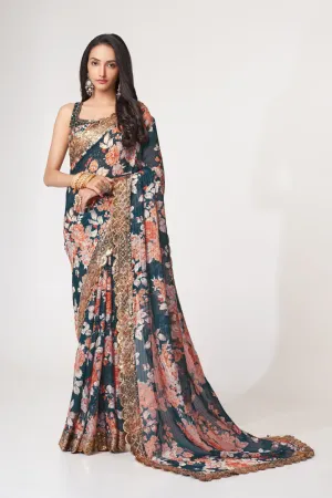 Dove Blue Organza Saree with Sequin Embroidery and Digital Print