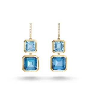 Doves 18K Yellow Gold Diamond Hoop Dangle Earrings with Sky Blue and London Blue Topaz