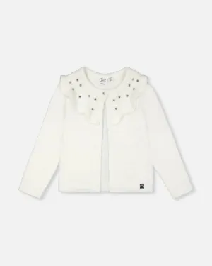 DPD Knitted Fuzzy Sparkle Collared Cardigan in Off White