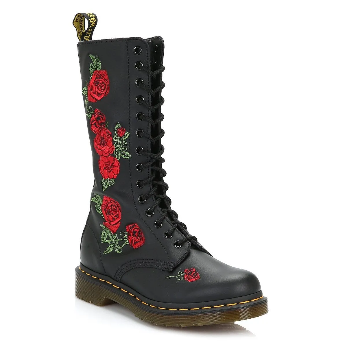 Dr. Martens Vonda Womens Black Leather Embroidered Rose Mid Calf Boots