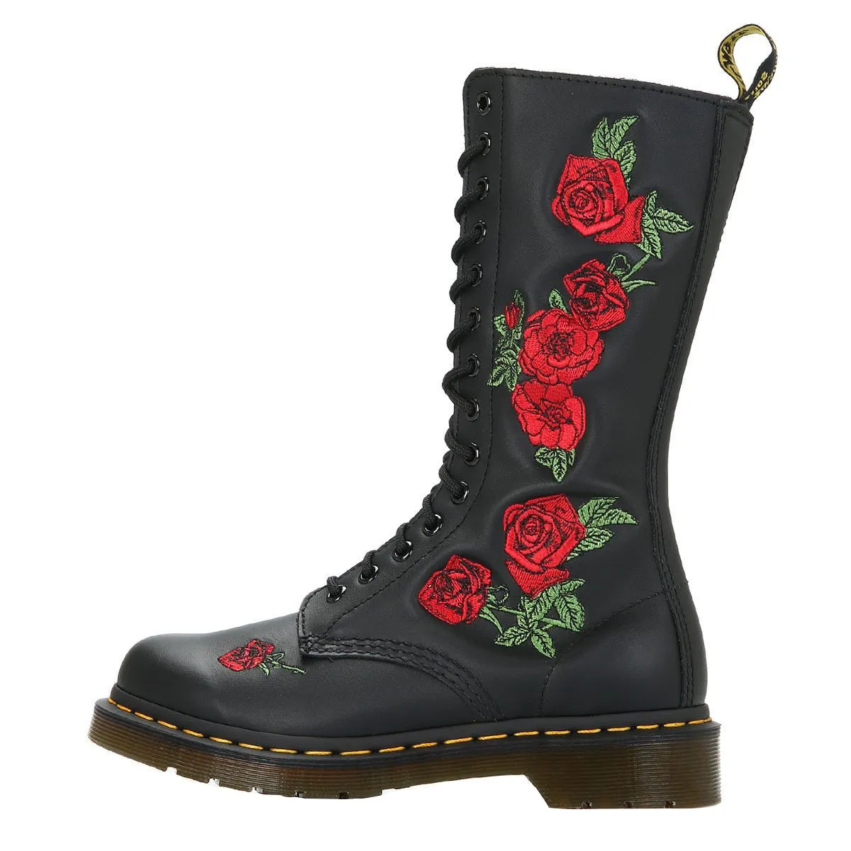 Dr. Martens Vonda Womens Black Leather Embroidered Rose Mid Calf Boots