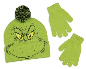 Dr. Seuss GRINCH Who Stole Christmas Embroidered Pom Beanie and Glove Set