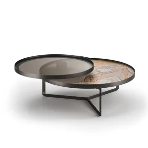 draenert | nebra coffee table with swivel top | azul mary stone   brown glass   dark bronze frame