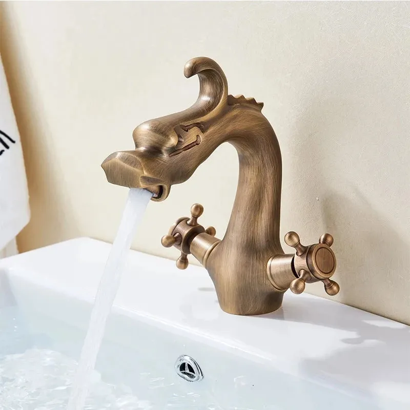 Dragon Carved Basin Faucet Sink Faucet Dual Handle Bathroom Mixer Tap