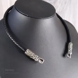 Dragon Torc Necklace Silver Black Leather Celtic Viking