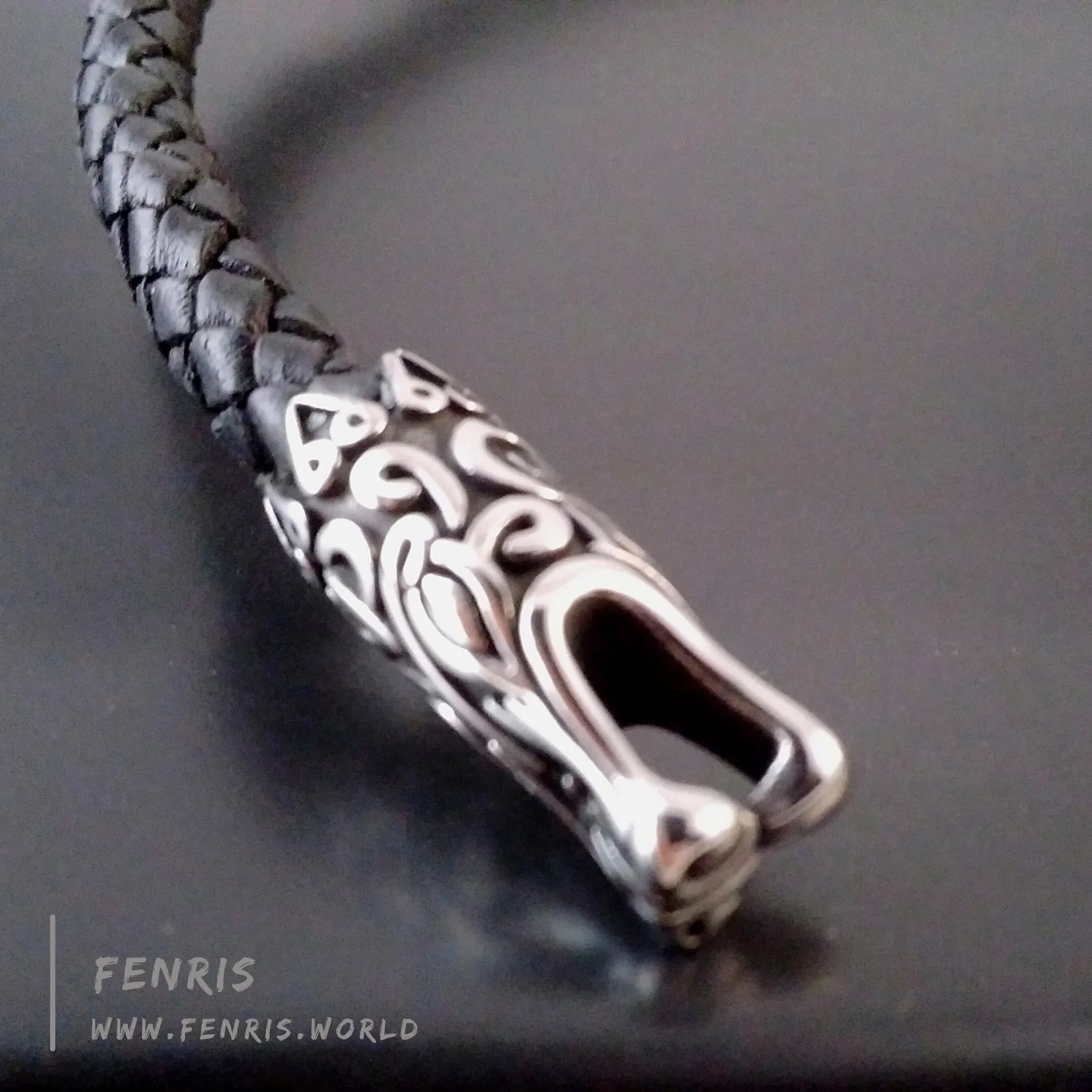 Dragon Torc Necklace Silver Black Leather Modern Viking Nordic