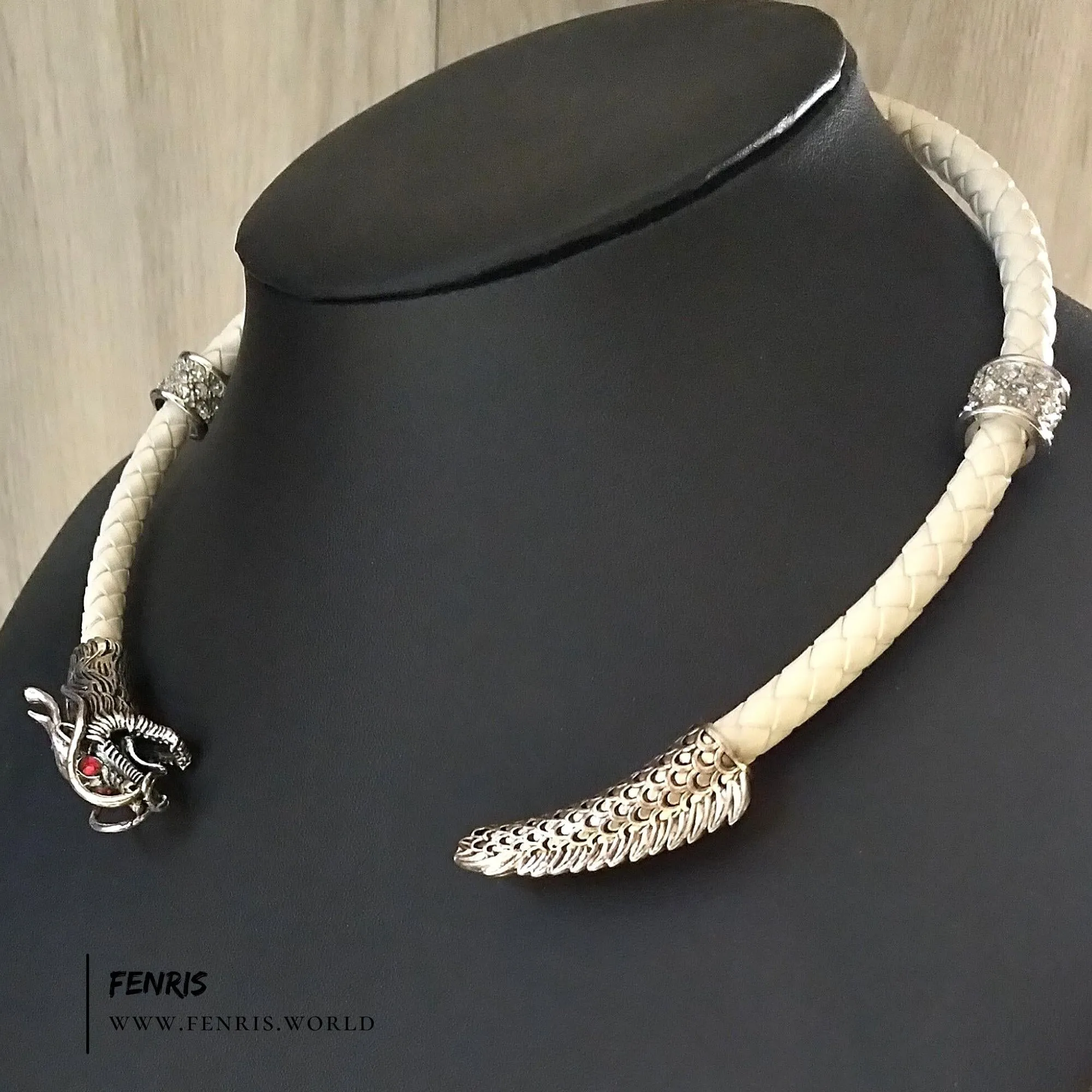 Dragon Torc Necklace White Leather Wedding Silver - Fenris