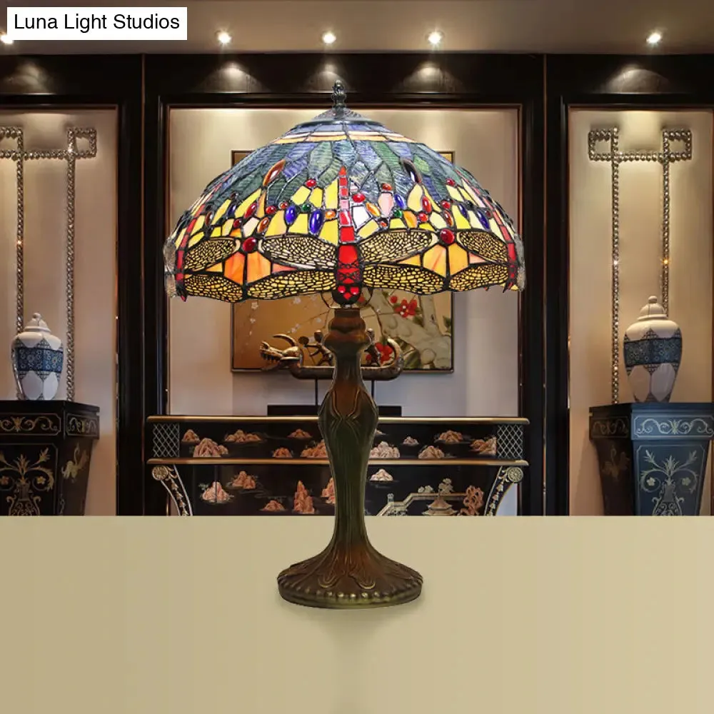 Dragonfly Table Lamp - Retro Stained Glass 1-Light Accent with Antique Bronze Finish for Study Room