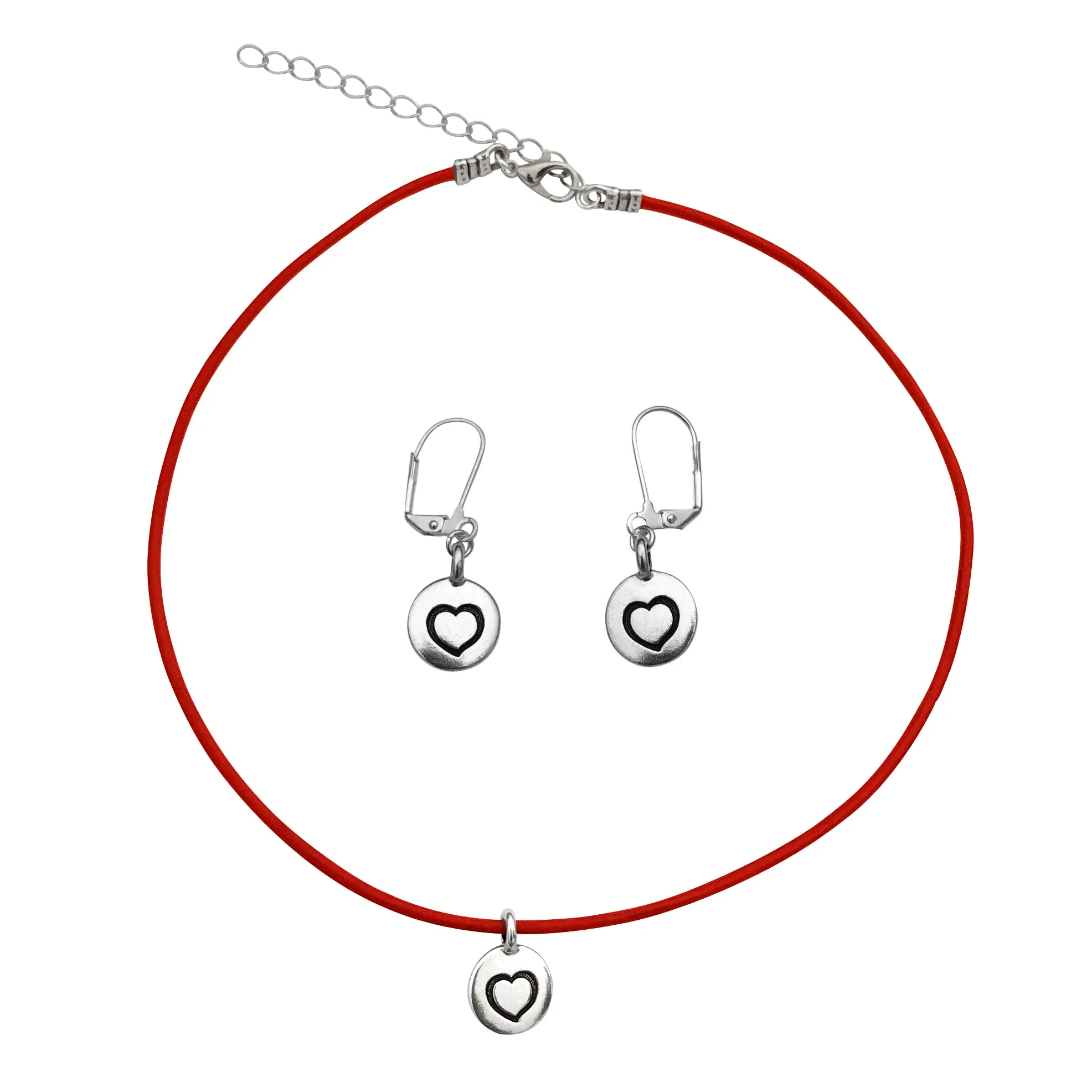 DragonWeave Heart Circle Charm Necklace and Earring Set, Silver Plated Red Leather Choker and Leverback Earrings