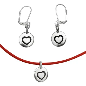 DragonWeave Heart Circle Charm Necklace and Earring Set, Silver Plated Red Leather Choker and Leverback Earrings