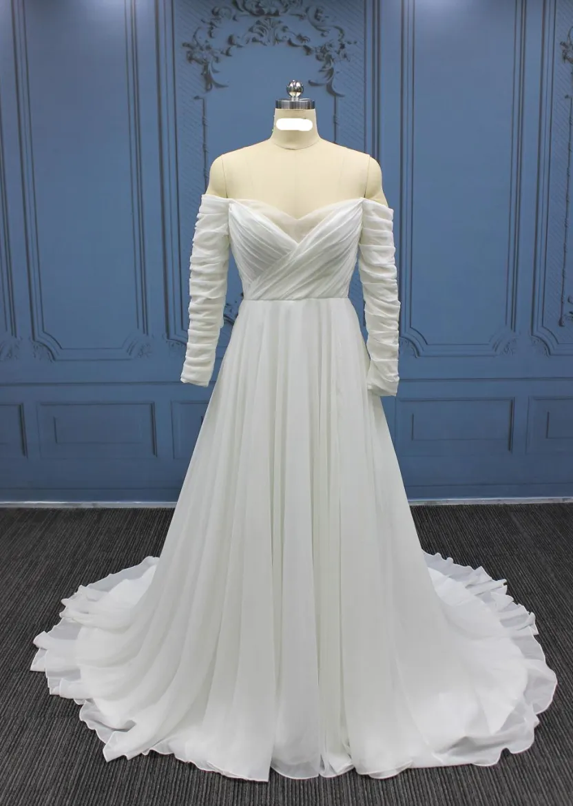 Draped Pleated Chiffon A Line Wedding Bridal Gown