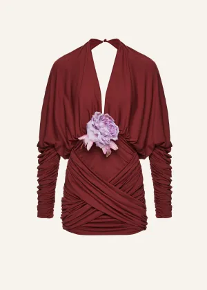 Draped V-neck mini dress in bordeaux