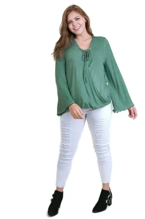 Drawstring Neckline Bell Sleeve Top, Sage