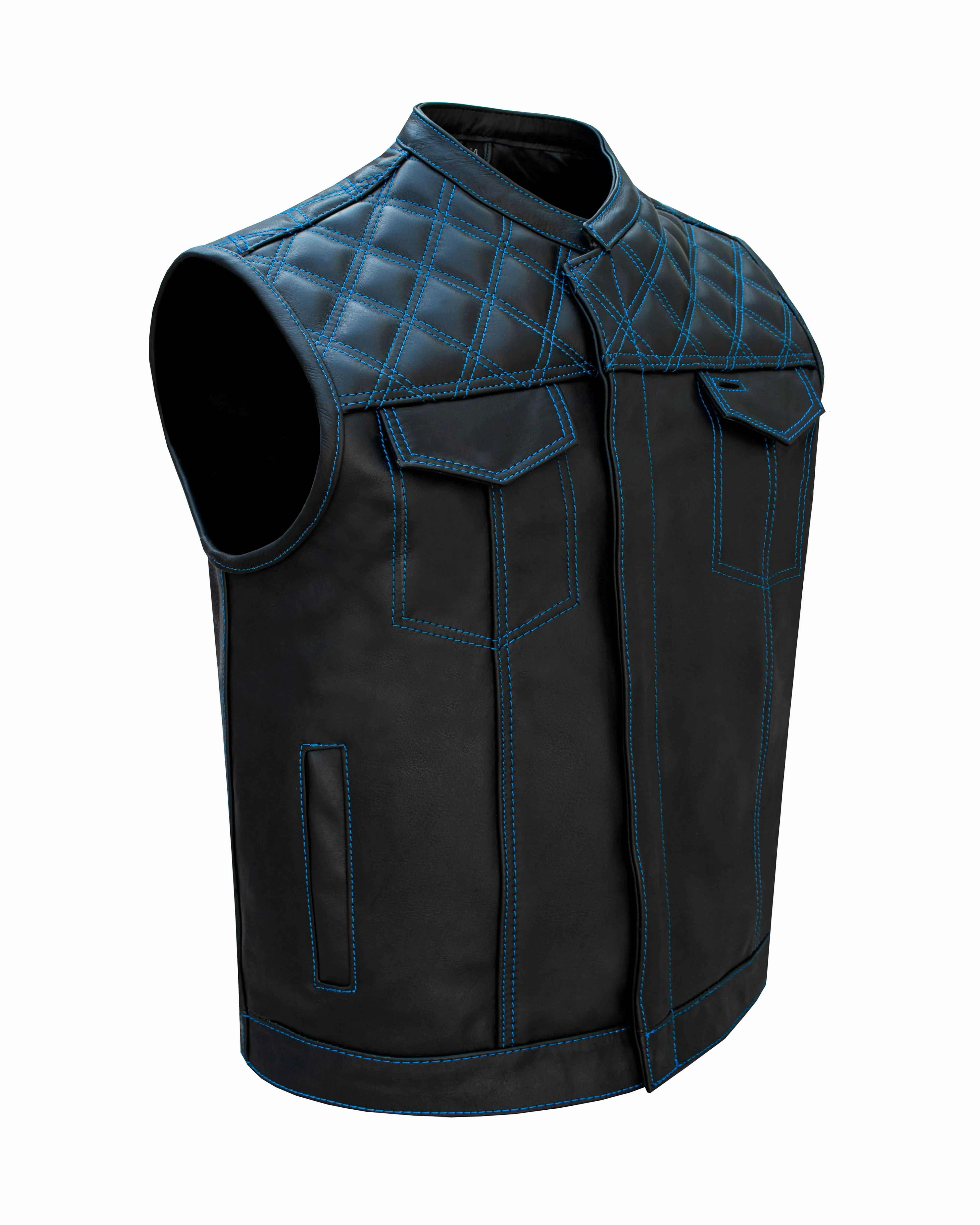 Dream Apparel Mens Black Club Vest Diamond Design Blue Thread Premium Cowhide Leather