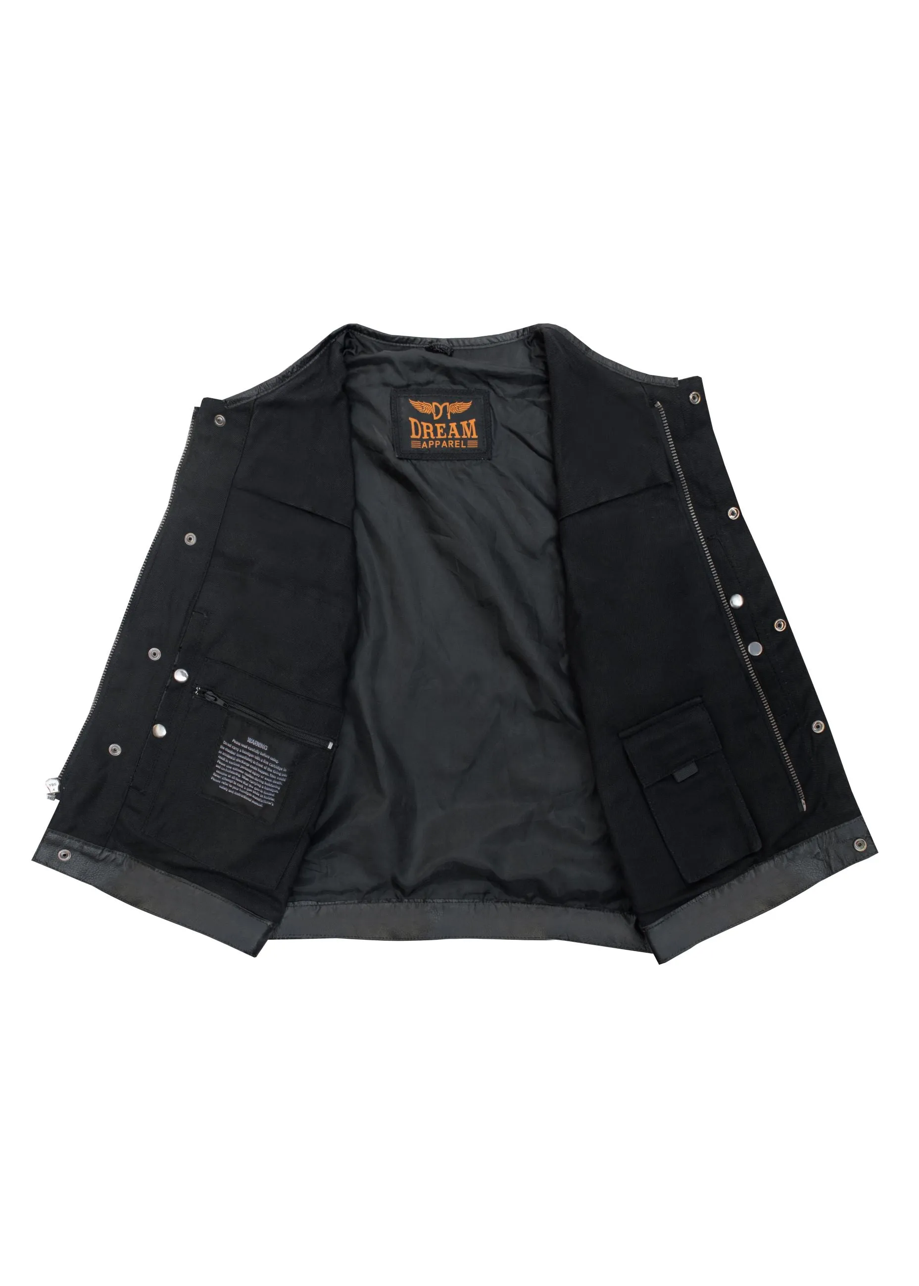 Dream Apparel Men's Premium Black Denim Motorcycle Club Vest Conceal Carry Pockets