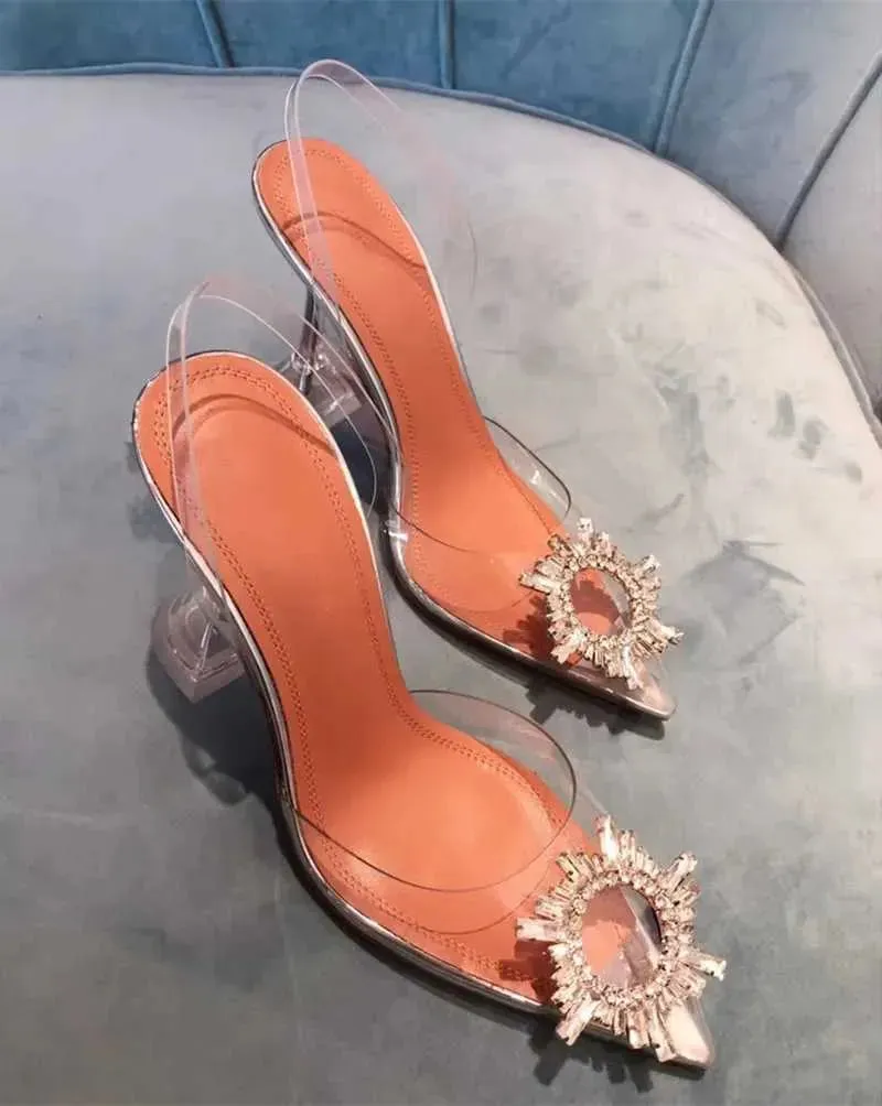 Dress Shoes Big size 44 45 Women Pumps Elegant Pointed toe Rhinestones High heels Wedding Crystal Clear heeled Slingback Sandals H240603 JS1T