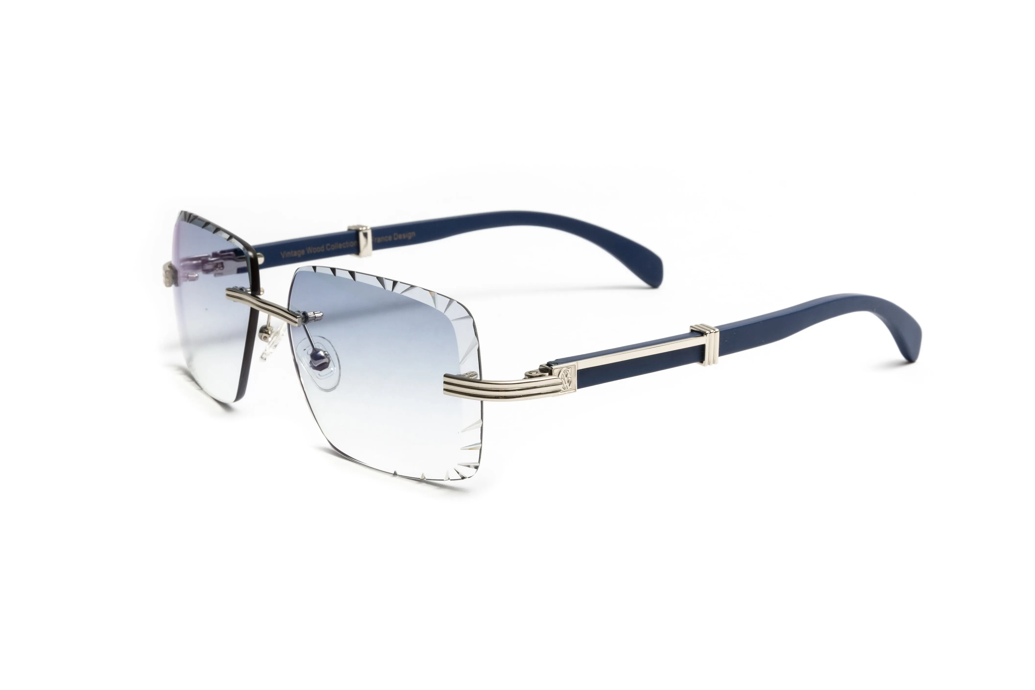 DRONE 4 Silver & Blue Wood Sunglasses, Gradient Grey Diamond Cut Lenses